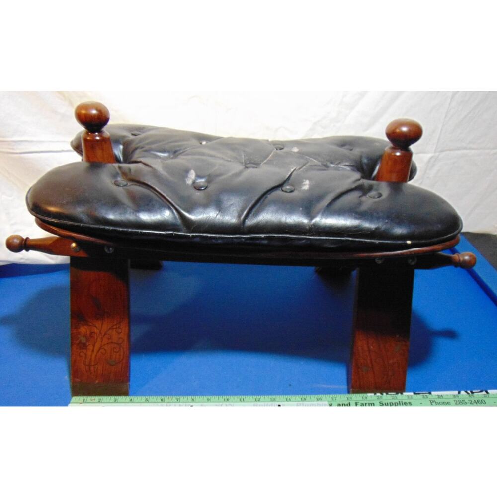 Vintage EGYPTIAN CAMEL Saddle Black Leather Cushion Foot Stool With Brass Caps